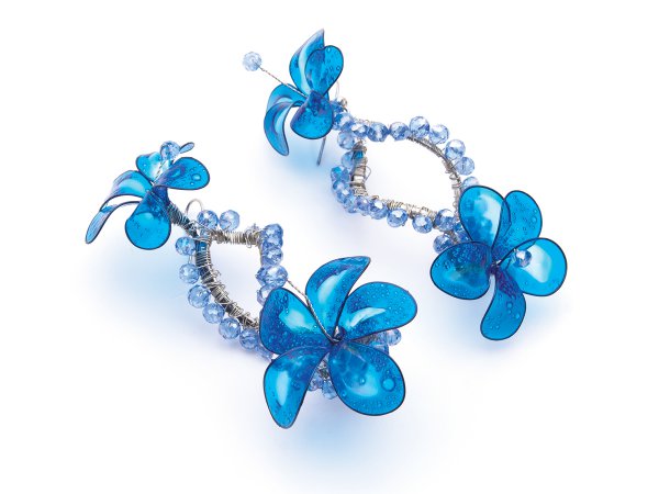 Серьги с голубыми цветами витраль со стеклярусом